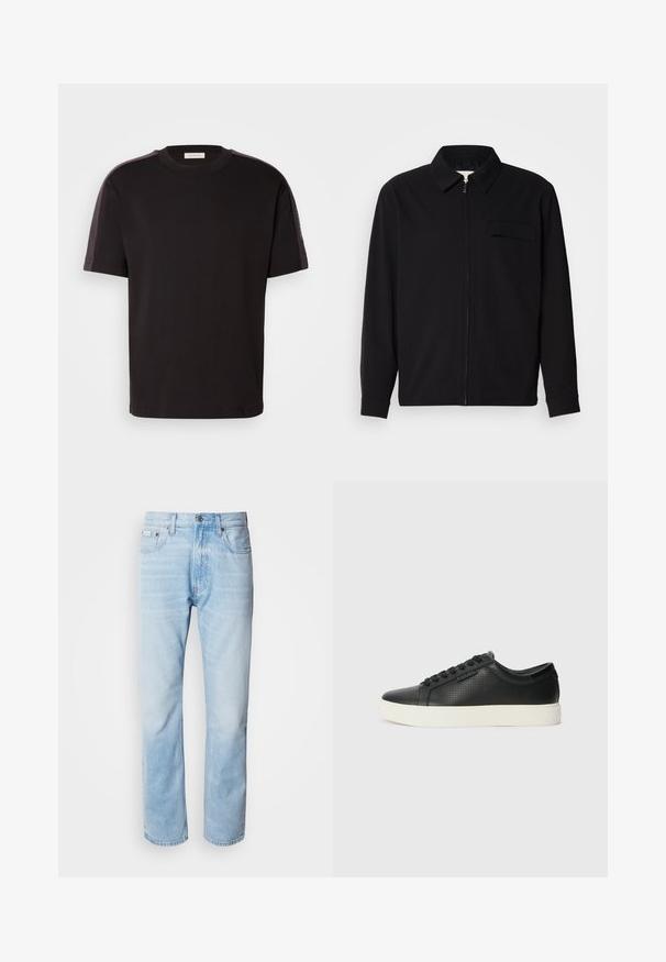 Schwarzes Langarmshirt mit Kragen, Frontreißverschluss und Brusttasche. Aus strukturiertem Stoff mit entspannter Passform.; Schwarz, kurzärmliges T-Shirt aus weicher Baumwolle. Mit Rundhalsausschnitt und kontrastierenden Schulterdetails sowie dezentem Branding am Ärmel.; Hellblaue Jeans aus Denim mit geradem Schnitt, die verblasste Abschnitte, ein Fünf-Taschen-Design und einen klassischen Knopfverschluss aufweisen.; Schwarze Leder-Sneaker mit perforierter Textur, runder Zehenpartie und flacher, weißer Gummisohle. Mit schwarzen Schnürsenkeln und einem dezenten Logo an der Seite.