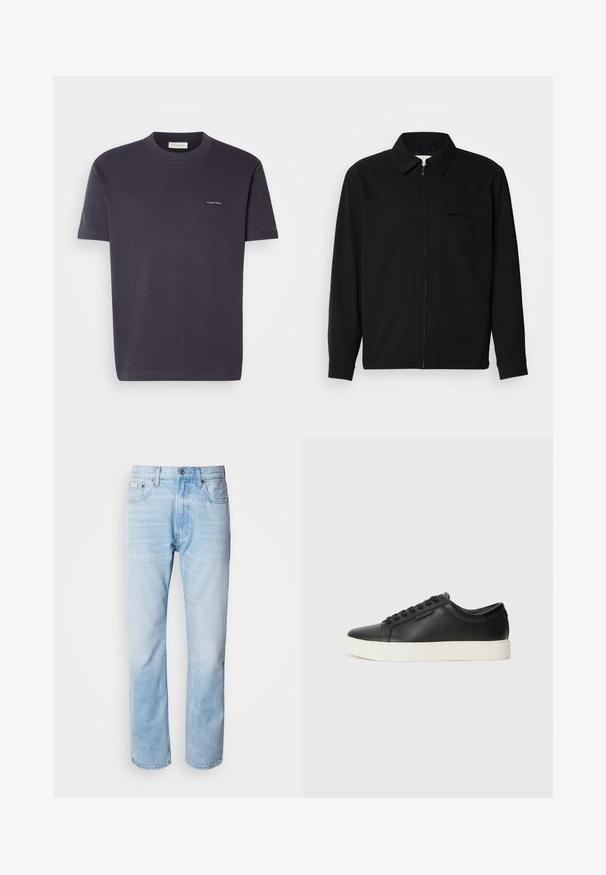 Fekete, hosszú ujjú póló, gallérral, elülső cipzárral és mellzsebbel. Texturált anyagból készült, laza szabású.; Sötétlila pamut póló, kerek nyakkivágással, rövid ujjú, és egy kis fehér "Calvin Klein" logóval a mellkasán. Simább textúrájú, egyszerű dizájnnal.; Világoskék farmernadrág egyenes fazonnal, kopott részletekkel, öt zsebes kialakítással és klasszikus gombos zipzárral.; Fekete bőr sportcipők perforált textúrával, kerek orral és lapos fehér gumi talppal. Fekete fűzőkkel és diszkrét logóval az oldalon.