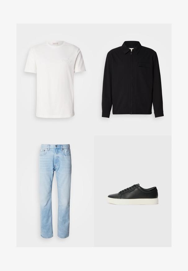 Svart langermet skjorte med krage, frontlås og brystlomme. Laget av teksturert stoff med en avslappet passform.; Hvit bomulls T-skjorte med korte ermer, med en subtil preget logo på brystet. Klassisk crew neck-design, glatt tekstur.; Lyseblå denimjeans med strak benkutt, med falmede seksjoner, femlommerdesign og en klassisk knappestol.; Sorte lær sneakers med perforert tekstur, rund tå og flat hvit gummisåle. Har sorte snørebånd og en subtil logo på siden.