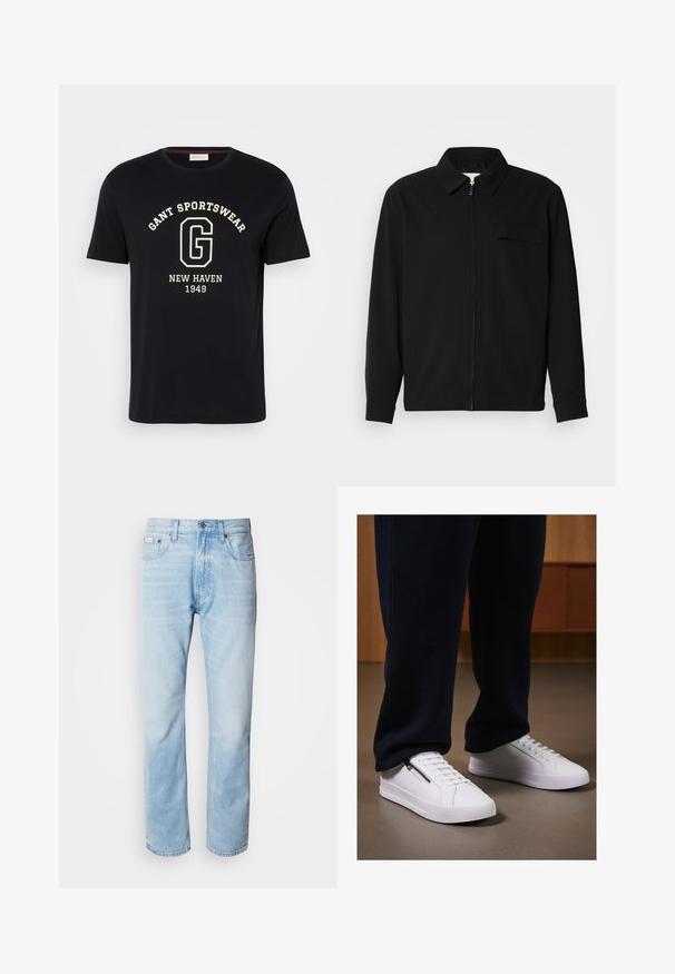 Sort langærmet skjorte med krave, frontlynlås og brystlomme. Lavet af struktureret stof med en afslappet pasform.; Marine bomulds t-shirt med rund hals og korte ærmer. Har hvidt tryk med teksten "GANT SPORTSWEAR," "NEW HAVEN," og "1949."; Lyseblå denimjeans med lige ben, har slidte sektioner, fem lomme-design og en klassisk knapåbning.; Hvide sneakers med en glat læderfinish, flad sål og snørebåndsdesign. Lynlåsdetaillen på siden tilføjer funktionalitet. Sammen med mørke joggers.