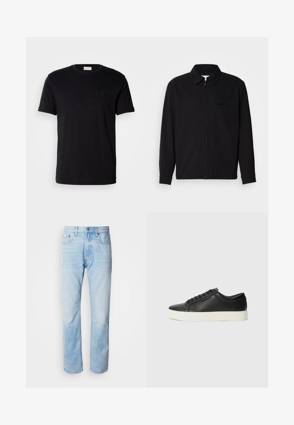 Černá dlouhá rukávová košile s límečkem, předním zipovým uzávěrem a kapsou na hrudi. Vyrobená z texturované tkaniny s uvolněným střihem.; Černé bavlněné tričko s kulatým výstřihem a krátkým rukávem, s tonálním vyšitým logem na levé straně hrudi. Hladká textura.; Světle modré džíny s rovnou nohavicí, s vybledlými částmi, pěti kapsami a klasickým zapínáním na knoflík.; Černé kožené tenisky s perforovanou texturou, kulatou špičkou a plochou bílou gumovou podrážkou. Mají černé tkaničky a jemné logo na boční straně.
