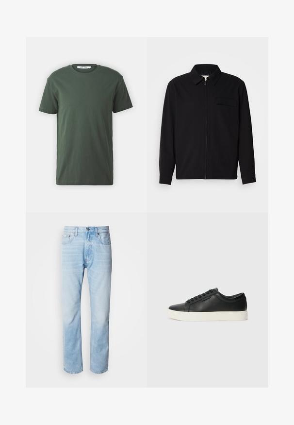 Czarna koszula z długim rękawem z kołnierzykiem, z zapięciem na suwak z przodu oraz kieszonką na piersi. Wykonana z teksturowanej tkaniny o luźnym kroju.; Ciemnozielona bawełniana koszulka, krótki rękaw, okrągły dekolt, luźny fason, gładki design i gładka tekstura bez widocznych wzorów czy akcentów.; Jasnoniebieskie dżinsy z prostymi nogawkami, z wyblakłymi odcieniami, pięcioma kieszeniami oraz klasycznym zapinaniem na guzik.; Czarne skórzane sneakersy z perforowaną fakturą, okrągłym czubkiem i płaską, białą gumową podeszwą. Posiadają czarne sznurówki i subtelne logo po boku.