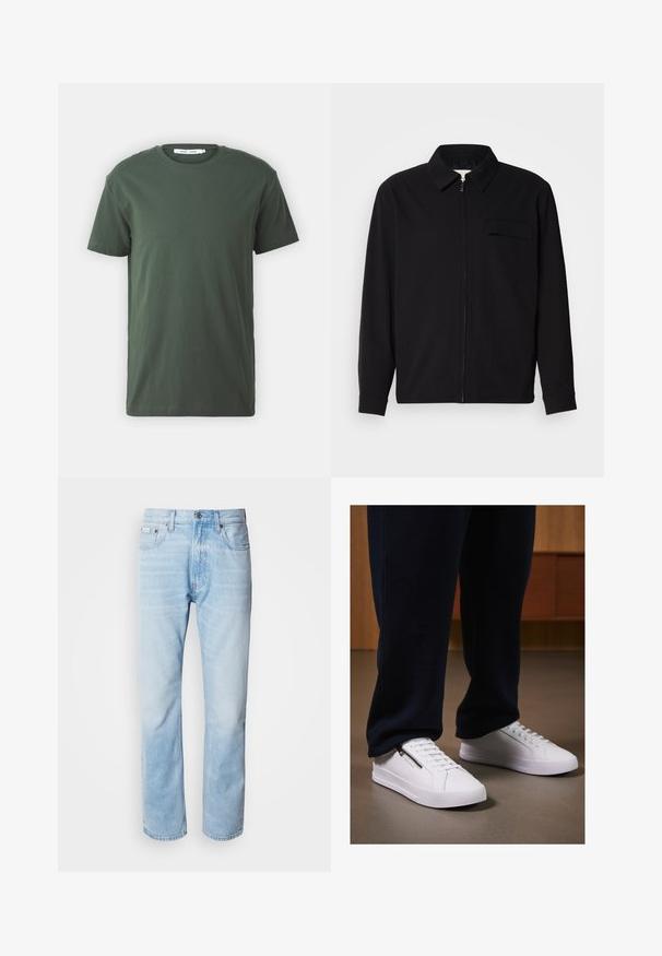 Black long-sleeve shirt featuring a collared neckline, front zip closure, and a chest pocket. Made of textured fabric with a relaxed fit.; Dark green cotton t-shirt, short sleeves, crew neckline, relaxed fit, plain design, and smooth texture without visible patterns or accents.; Light blue denim jeans with a straight leg cut, featuring faded sections, five-pocket design, and a classic button fly.; White sneakers with a smooth leather finish, flat sole, and lace-up design. Side zipper detail adds functionality. Paired with dark joggers.