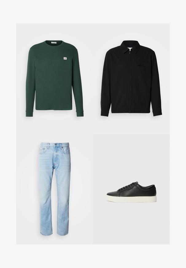 Svart langermet skjorte med krage, frontlås og brystlomme. Laget av teksturert stoff med en avslappet passform.; Langermet, grønn genser laget av ribbestrikket stoff med rund hals. Har en liten logo-lapp på brystet og ribbede mansjetter.; Lyseblå denimjeans med strak benkutt, med falmede seksjoner, femlommerdesign og en klassisk knappestol.; Sorte lær sneakers med perforert tekstur, rund tå og flat hvit gummisåle. Har sorte snørebånd og en subtil logo på siden.