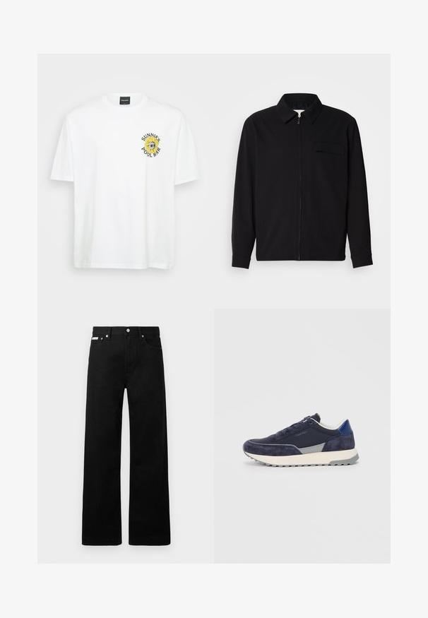 Schwarzes Langarmshirt mit Kragen, Frontreißverschluss und Brusttasche. Aus strukturiertem Stoff mit entspannter Passform.; Weißes Baumwoll-T-Shirt mit rundem Halsausschnitt, kurzen Ärmeln und einem Sonnenblumen-Design sowie dem Schriftzug "SUNNIES POOL BAR" auf der linken Brust.; Schwarze Denim-Hose im weiten Bein-Design mit fünf Taschen und metallenen Knopfdetails. Glatte Textur, ohne sichtbare Muster.; Navyblaue Sneakers mit Obermaterial aus Wildleder und Stoff, grauen Akzenten, weißer Zwischensohle und einer strukturierten Gummisohle. Verfügt über eine Schnürung und ein Logo.