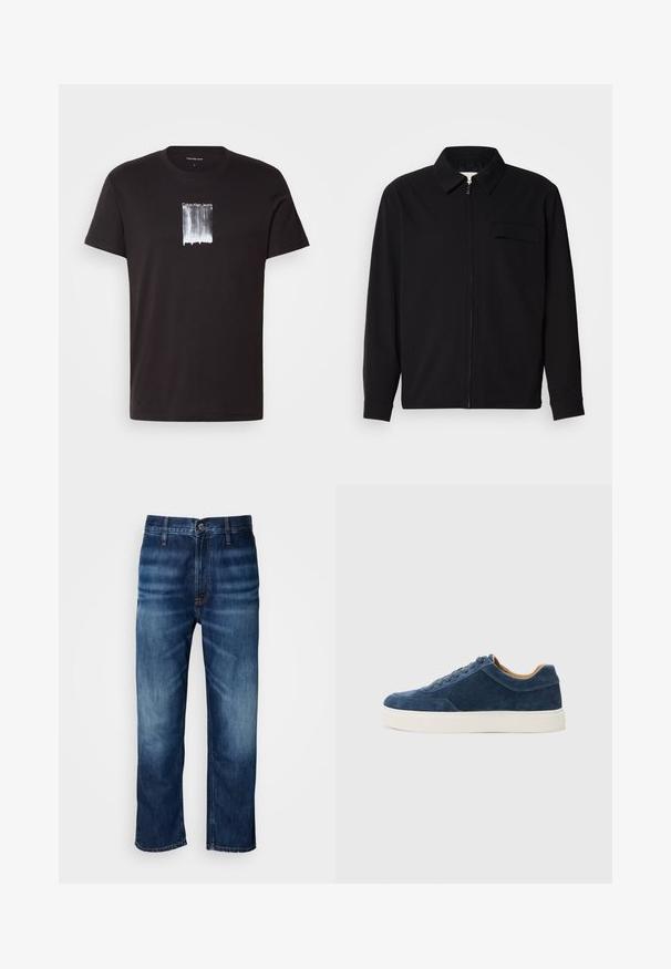 Camisa preta de manga longa com gola, fecho frontal com zíper e bolso no peito. Feita de um tecido texturizado com um corte descontraído.; T-shirt de algodão preto com uma impressão gráfica branca de "Calvin Klein Jeans" dentro de um retângulo vertical no centro. Mangas curtas, gola redonda.; Calças de ganga de perna reta em azul escuro, com desbotamento sutil nas coxas e fecho de botão na cintura, exibidas sobre um fundo branco.; Sapatilhas em camurça azul com sola de borracha branca, design de atacador, biqueira arredondada e interior em tom contrastante de bege. Detalhes de costura sutis.