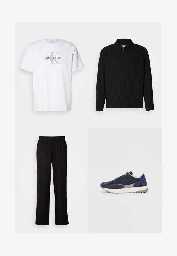 Svart langermet skjorte med krage, frontlås og brystlomme. Laget av teksturert stoff med en avslappet passform.; Hvit bomull t-skjorte med et grått "Calvin Klein"-logo der initialene "ck" er tydelig fremhevet. Standard rund hals design.; Svart bukser med avslappet passform, laget av lett stoff. Har elastisk midjebånd, knapplukking og to frontlommer.; Marineblå sneakers med overdel i semsket skinn og stoff, grå detaljer, hvit mellomsåle og en teksturert gummisåle. Har snøring og logo.