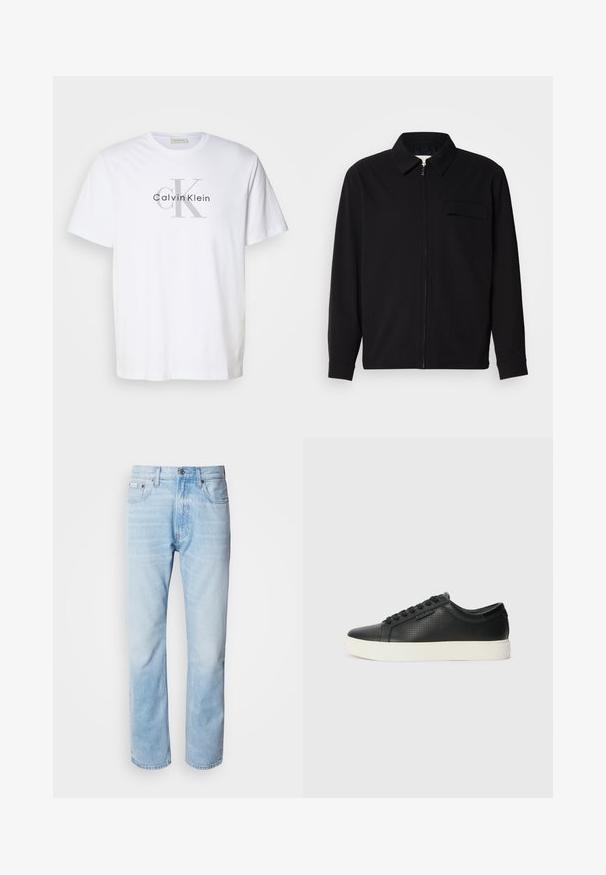 Must valgade varrukatega must särk, millel on krae, ees tõmbluku sulgemine ja rinna tasku. Valmistatud tekstuurilisest kangast ning mugav lõige.; Valge puuvillane T-särk, millel on hall "Calvin Klein" logo, kus tähed "ck" on silmatorkavalt esitatud. Tavaline ümmargune kaelus.; Heledad sinine denimhääl, sirge sääre lõikega, millel on pleekinud osad, viie tasku disain ja klassikaline nööbivärk.; Must have perforatsiooniga mustad nahast tossud, ümar varvas ja lame valge kummist tald. Omab musti paelu ja diskreetset logo küljel.