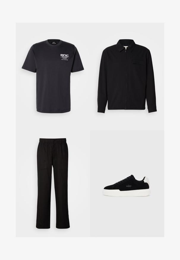 Camisa negra de manga larga que presenta un cuello con solapa, cierre frontal con cremallera y un bolsillo en el pecho. Fabricada con una tela texturizada y un corte holgado.; Camiseta de algodón negra de manga corta, con cuello redondo y un estampado en el pecho que presenta "mnc" y detalles de contacto en blanco. Diseño de corte clásico.; Pantalones negros con un ajuste relajado, hechos de una tela ligera. Presentan una cintura elástica, cierre de botón y dos bolsillos frontales.; Zapatilla negra de corte bajo con suela blanca y tab de talón, parte delantera con cordones y logo de Calvin Klein en el lateral.