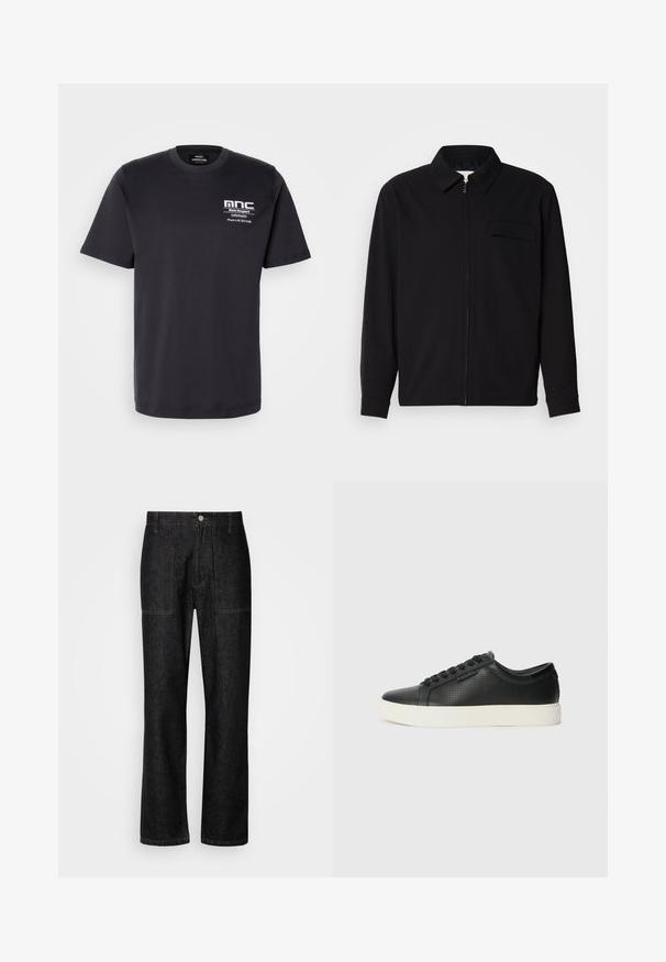 Černá dlouhá rukávová košile s límečkem, předním zipovým uzávěrem a kapsou na hrudi. Vyrobená z texturované tkaniny s uvolněným střihem.; Černé bavlněné tričko s krátkými rukávy, kulatým výstřihem a potiskem na hrudi, který obsahuje "mnc" a kontaktní údaje v bílé barvě. Klasický střih.; Černé džínové kalhoty se rovnými nohavicemi, viditelným šitím a předním knoflíkovým uzávěrem. Obsahují dvě boční kapsy a dvě zadní kapsy.; Černé kožené tenisky s perforovanou texturou, kulatou špičkou a plochou bílou gumovou podrážkou. Mají černé tkaničky a jemné logo na boční straně.