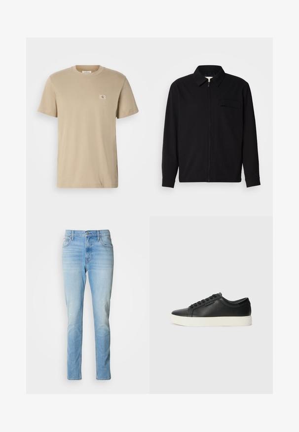 Čierna košeľa s dlhým rukávom, so golierom, predným zipsom a vreckom na hrudi. Vyrobená z textúrovanej tkaniny s voľným strihom.; Bežový bavlnený tričko s okrúhlym výstrihom, krátkymi rukávmi a malou štvorcovou nášivkou na ľavej hrudi. Hladká textúra.; Svetlomodré denimové džínsy so straight leg strihom, jemným vyblednutím a klasickým dizajnom s piatimi vreckami. Obsahujú zapínanie na gombík a pútka na opasok.; Čierne kožené tenisky s perforovanou textúrou, okrúlym špičkou a plochou bielou gumovou podrážkou. Obsahujú čierne šnúrky a diskrétny logo na boku.