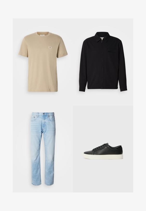 Maglietta nera a maniche lunghe con colletto, chiusura frontale con zip e taschino sul petto. Realizzata in tessuto testurizzato con una vestibilità rilassata.; T-shirt in cotone beige con scollatura a girocollo, maniche corte e un piccolo patch rettangolare con logo sul lato sinistro del petto. Tessuto liscio.; Jeans in denim blu chiaro con taglio dritto, caratterizzati da sezioni sbiadite, design a cinque tasche e iconico bottone di chiusura.; Sneaker nere in pelle con texture perforata, punta tonda e suola piatta in gomma bianca. Presentano lacci neri e un logo discreto sul lato.