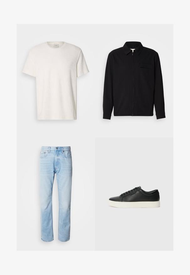 Black long-sleeve shirt featuring a collared neckline, front zip closure, and a chest pocket. Made of textured fabric with a relaxed fit.; White cotton t-shirt with a round neck and short sleeves. Soft texture and minimalist design with a small logo on the chest.; Light blue denim jeans with a straight leg cut, featuring faded sections, five-pocket design, and a classic button fly.; Black leather sneakers with perforated texture, round toe, and flat white rubber sole. Features black laces and a subtle logo on the side.