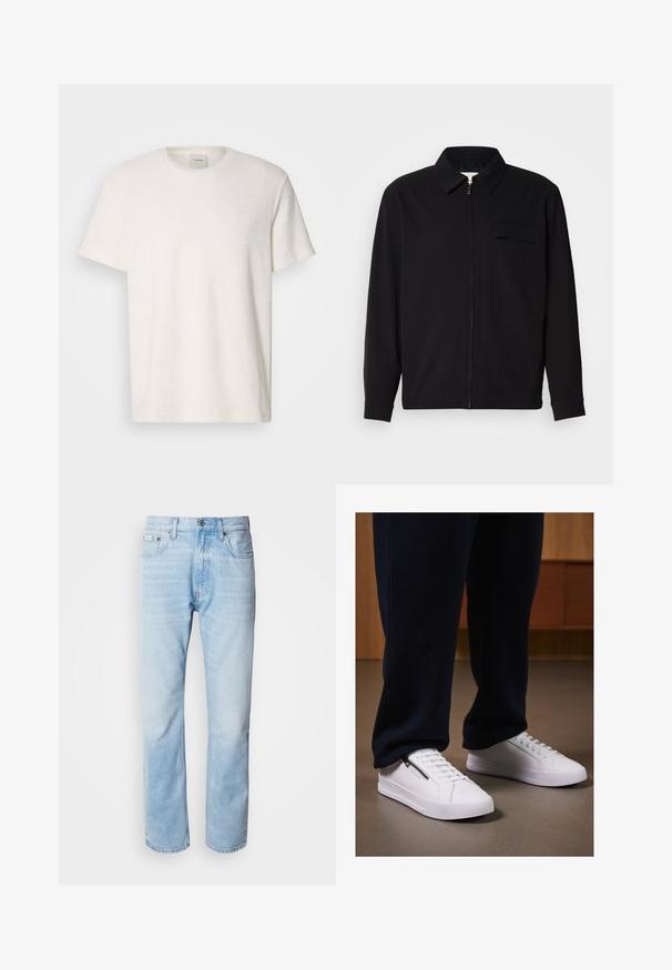 Juodas ilgomis rankovėmis marškinis, turintis apykaklės iškirptę, priekinį užtrauktuką ir krūtinės kišenę. Pagamintas iš tekstūruoto audinio, turinčio laisvą kirpimą.; Balta medvilninė marškinė su apvalia iškirpte ir trumpomis rankovėmis. Minkšta tekstūra ir minimalus dizainas su mažu logotipu ant krūtinės.; Šviesiai mėlyni džinsai su tiesiomis kojomis, puošti išblukusių vietų, penkių kišenių dizainu ir klasikiniu mygtukų užsegimu.; Baltos sportbačiai su lygiu odiniu paviršiumi, plokščiu padu ir raištelių dizainu. Šoninė užtrauktuko detalė prideda funkcionalumo. Suderinti su tamsiais džinsais.