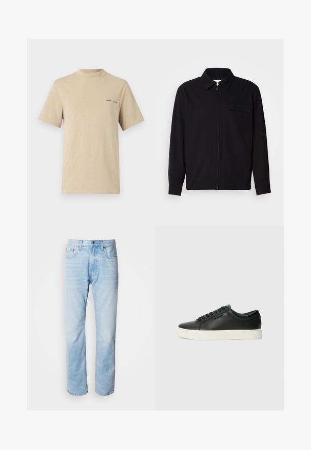 Čierna košeľa s dlhým rukávom, so golierom, predným zipsom a vreckom na hrudi. Vyrobená z textúrovanej tkaniny s voľným strihom.; Béžové bavlnené tričko s okrúhlym výstrihom a krátkymi rukávmi. Obsahuje jemné čierne logo "SAMSOE" na hrudi.; Svetlomodré džínsy s rovnými nohavicami, s vybledlými časťami, dizajnom s piatimi vreckami a klasickým zapínaním na gombíky.; Čierne kožené tenisky s perforovanou textúrou, okrúlym špičkou a plochou bielou gumovou podrážkou. Obsahujú čierne šnúrky a diskrétny logo na boku.