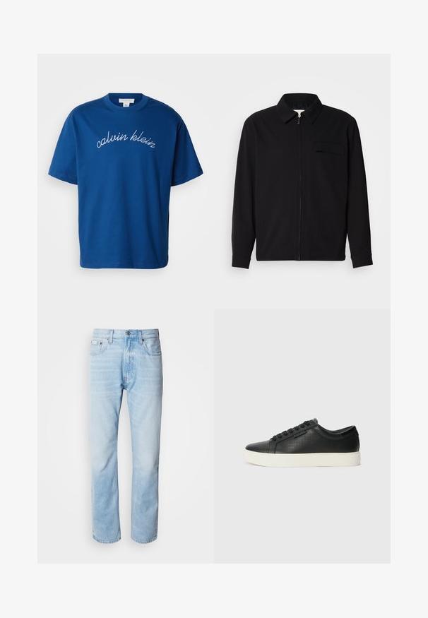 Juodas ilgomis rankovėmis marškinis, turintis apykaklės iškirptę, priekinį užtrauktuką ir krūtinės kišenę. Pagamintas iš tekstūruoto audinio, turinčio laisvą kirpimą.; Mėlynas medvilninis T-shirt su apvaliu kaklu ir trumpomis rankovėmis, su elegantiškai balta kreiva siuvinėjimu "calvin klein" krūtinės srityje.; Šviesiai mėlyni džinsai su tiesiomis kojomis, puošti išblukusių vietų, penkių kišenių dizainu ir klasikiniu mygtukų užsegimu.; Juodi odiniai sportbačiai su perforuotu paviršiumi, apvaliu pirštu ir plokščiu baltu guminiu padu. Yra juodos raišteliai ir subtili logotipo detalė šone.