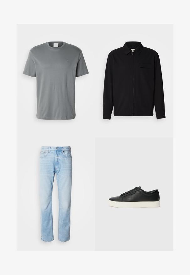 Čierna košeľa s dlhým rukávom, so golierom, predným zipsom a vreckom na hrudi. Vyrobená z textúrovanej tkaniny s voľným strihom.; Šedé bavlnené tričko s okrúhlym výstrihom a krátkymi rukávmi. Obsahuje malé vyšívané logo na hrudi a bezšvové okraje.; Svetlomodré džínsy s rovnými nohavicami, s vybledlými časťami, dizajnom s piatimi vreckami a klasickým zapínaním na gombíky.; Čierne kožené tenisky s perforovanou textúrou, okrúlym špičkou a plochou bielou gumovou podrážkou. Obsahujú čierne šnúrky a diskrétny logo na boku.