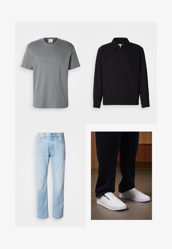 Czarna koszula z długim rękawem z kołnierzykiem, z zapięciem na suwak z przodu oraz kieszonką na piersi. Wykonana z teksturowanej tkaniny o luźnym kroju.; Szara bawełniana koszulka z okrągłym dekoltem i krótkimi rękawami. Posiada małe, haftowane logo na klatce piersiowej i bezszwowe krawędzie.; Jasnoniebieskie dżinsy z prostymi nogawkami, z wyblakłymi odcieniami, pięcioma kieszeniami oraz klasycznym zapinaniem na guzik.; Białe sneakersy z gładką skórzaną powierzchnią, płaską podeszwą i sznurowanym fasonem. Dodatkowy zamek po boku zwiększa funkcjonalność. Połączone z ciemnymi joggerami.