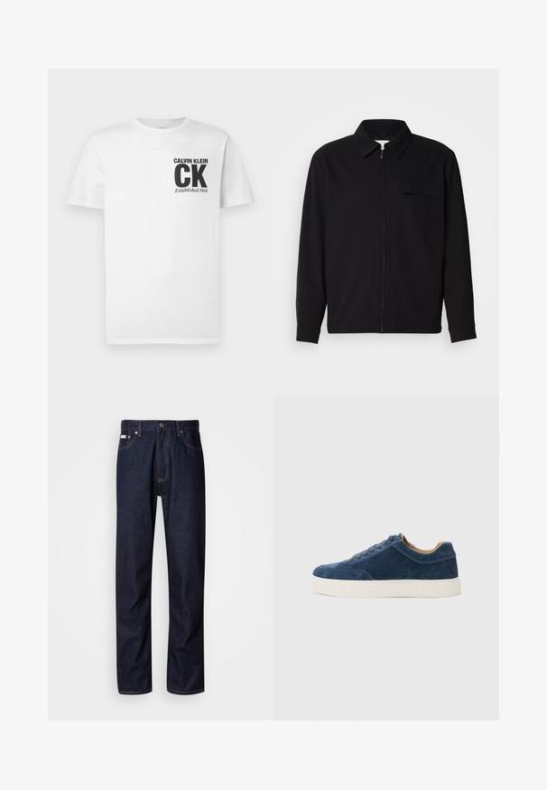 Black long-sleeve shirt featuring a collared neckline, front zip closure, and a chest pocket. Made of textured fabric with a relaxed fit.; White cotton t-shirt featuring a black "CALVIN KLEIN" logo and "CK Established 1968" text on the left chest area. Short sleeves, classic fit.; Dark blue denim jeans with a straight-leg design, featuring a button fly, five pockets, and contrasting stitching details.; Blue suede sneaker with white rubber sole, lace-up design, rounded toe, and contrasting tan interior. Subtle stitching details.
