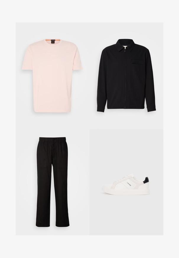 Svart langermet skjorte med krage, frontlås og brystlomme. Laget av teksturert stoff med en avslappet passform.; Lys rosa bomull T-skjorte med rund hals, korte ermer, og en liten hvit "BOSS" logo på brystet. Enkel og glatt tekstur.; Svart bukser med avslappet passform, laget av lett stoff. Har elastisk midjebånd, knapplukking og to frontlommer.; Hvite sneakers med lys rosa og svarte detaljer, med glatte lær- og semskede paneler, rund tå og flat gummisåle.