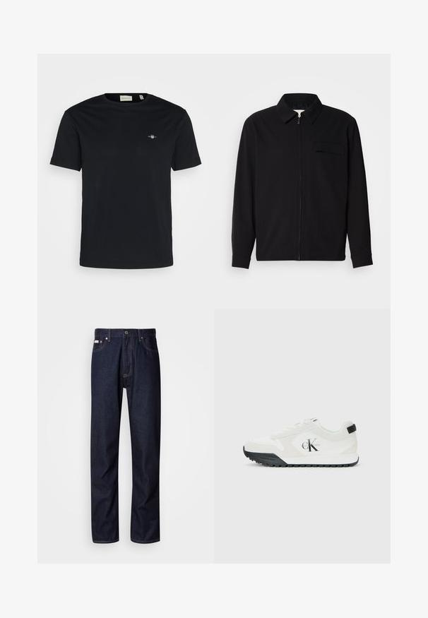 Chemise noire à manches longues avec un col, fermeture éclair à l'avant et une poche poitrine. Fabriquée en tissu texturé avec une coupe décontractée.; T-shirt en coton noir avec un col rond, des manches courtes et un petit logo sur la poitrine. Texture lisse, coupe standard et sans motifs visibles.; Jean en denim bleu foncé avec une coupe droite, présentant une braguette à boutons, cinq poches et des détails de coutures contrastantes.; Baskets blanches Calvin Klein avec semelle noire, panneaux en daim et en maille, logo CK sur le côté, et marque Calvin Klein sur le talon et la semelle.