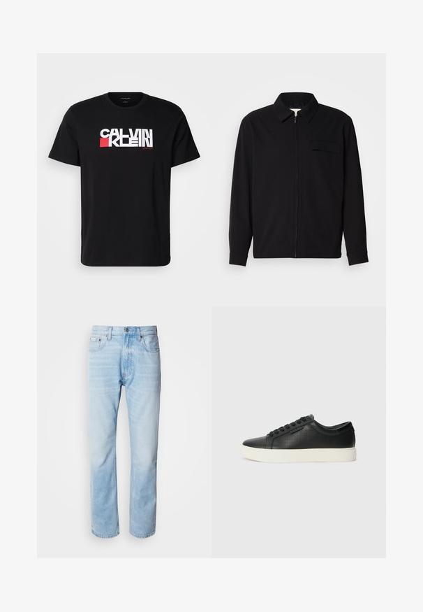 Czarna koszula z długim rękawem z kołnierzykiem, z zapięciem na suwak z przodu oraz kieszonką na piersi. Wykonana z teksturowanej tkaniny o luźnym kroju.; Czarna bawełniana koszulka z krótkim rękawem z wyraźnym białym i czerwonym logo "CALVIN KLEIN" na piersi. Klasyczny krój z okrągłym dekoltem.; Jasnoniebieskie dżinsy z prostymi nogawkami, z wyblakłymi odcieniami, pięcioma kieszeniami oraz klasycznym zapinaniem na guzik.; Czarne skórzane sneakersy z perforowaną fakturą, okrągłym czubkiem i płaską, białą gumową podeszwą. Posiadają czarne sznurówki i subtelne logo po boku.