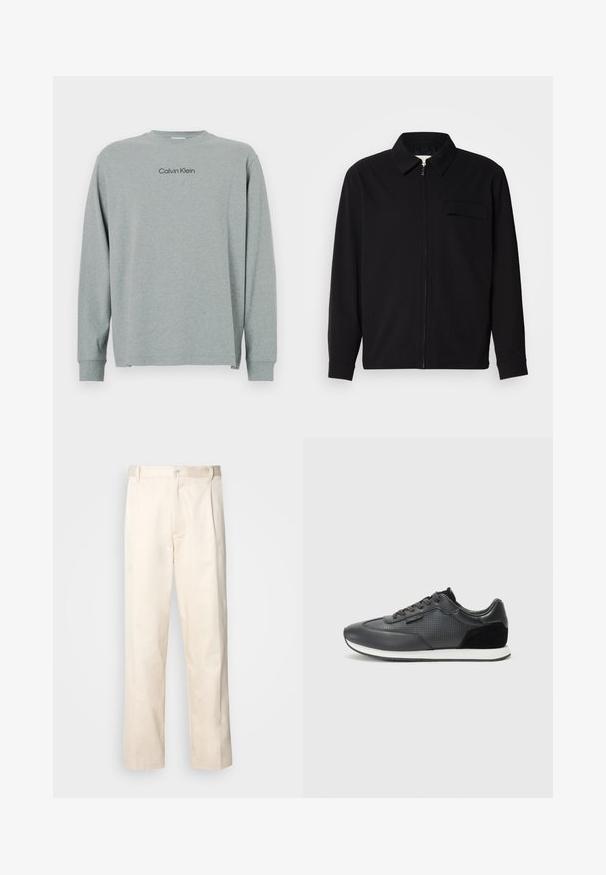 Camisa preta de manga longa com gola, fecho frontal com zíper e bolso no peito. Feita de um tecido texturizado com um corte descontraído.; Camisola de manga longa cinza em tecido suave com decote redondo. Apresenta um logótipo preto "Calvin Klein" no peito e punhos canelados. Design simples.; Calças de algodão bege com corte reto, apresentando um fecho de botão e pregas na frente para um detalhe adicional.; Sapatilhas atléticas negras com parte superior em couro com detalhes perfurados, acabamentos em camurça e sola de borracha branca. Design clássico com atacadores.