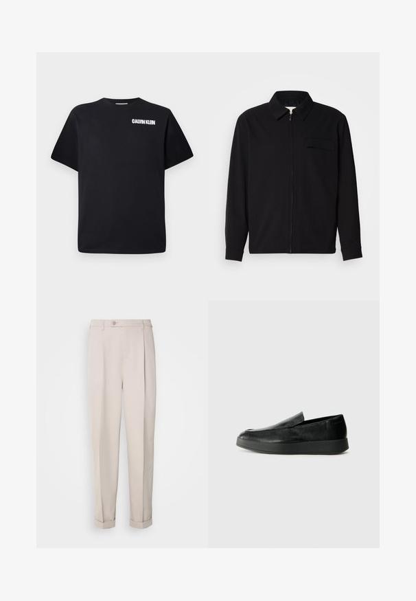 Camisa preta de manga longa com gola, fecho frontal com zíper e bolso no peito. Feita de um tecido texturizado com um corte descontraído.; T-shirt de algodão preto com gola redonda, mangas curtas e um logótipo branco "CALVIN KLEIN" impresso no lado superior esquerdo.; Calças bege feitas de tecido suave, com um corte reto, pregas simples e bainhas dobradas. Inclui um fecho de botão na frente.; Calvin Klein HYBRID CUP - Sapatos sem atacadores - triple black