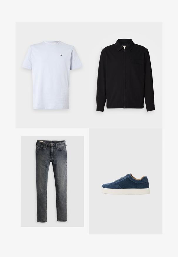 Camisa preta de manga longa com gola, fecho frontal com zíper e bolso no peito. Feita de um tecido texturizado com um corte descontraído.; T-shirt de manga curta azul claro, com decote redondo, com um pequeno logotipo preto "cK" no lado esquerdo do peito, sobre um fundo branco.; Calças de ganga em índigo escuro, com um design de perna reta, estilo de cinco bolsos e fecho com botão e zipper.; Sapatilhas em camurça azul com sola de borracha branca, design de atacador, biqueira arredondada e interior em tom contrastante de bege. Detalhes de costura sutis.