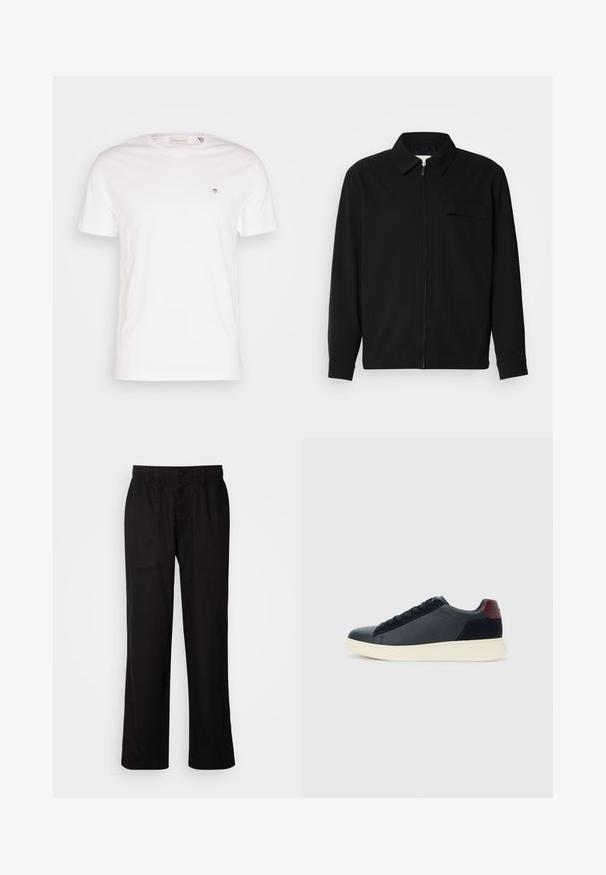 Fekete, hosszú ujjú póló, gallérral, elülső cipzárral és mellzsebbel. Texturált anyagból készült, laza szabású.; Fehér pamut póló, kerek nyakkivágással, rövid ujjakkal és egy kis hímezett logóval a mellkason. Puha tapintás, egyszerű dizájn.; Fekete, laza szabású nadrág, könnyű anyagból készült. Rugalmas derékkal, gombos záródással és két elülső zsebbel rendelkezik.; Fekete bőr és velúr alacsony szárú férfi sneaker, bordó sarokpanellel és fehér gumi talppal, oldalnézetből.