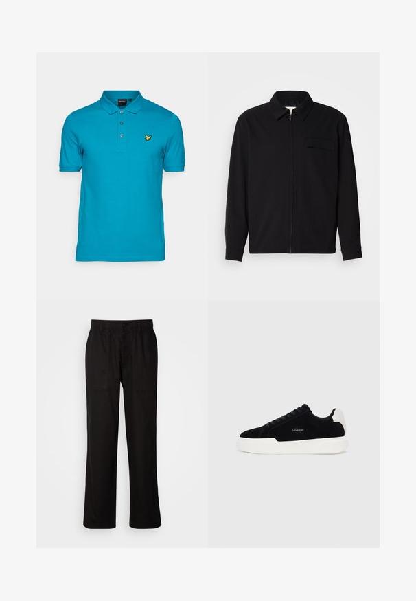 Fekete, hosszú ujjú póló, gallérral, elülső cipzárral és mellzsebbel. Texturált anyagból készült, laza szabású.; Lyle & Scott Pólóing - leisure blue; Fekete, laza szabású nadrág, könnyű anyagból készült. Rugalmas derékkal, gombos záródással és két elülső zsebbel rendelkezik.; Fekete alacsony szárú sneaker fehér talppal és saroktabbal, fűzős elülső résszel és Calvin Klein logóval az oldalon.