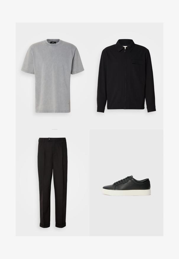 Czarna koszula z długim rękawem z kołnierzykiem, z zapięciem na suwak z przodu oraz kieszonką na piersi. Wykonana z teksturowanej tkaniny o luźnym kroju.; Szara bawełniana koszulka z okrągłym dekoltem i krótkimi rękawami. Posiada miękkie, teksturowane wykończenie oraz subtelne logo na dolnej stronie.; Czarne spodnie o gładkiej fakturze, charakteryzujące się prostym krojem, dwoma przednimi kieszeniami oraz pojedynczym zapięciem na guzik w talii.; Czarne skórzane sneakersy z perforowaną fakturą, okrągłym czubkiem i płaską, białą gumową podeszwą. Posiadają czarne sznurówki i subtelne logo po boku.