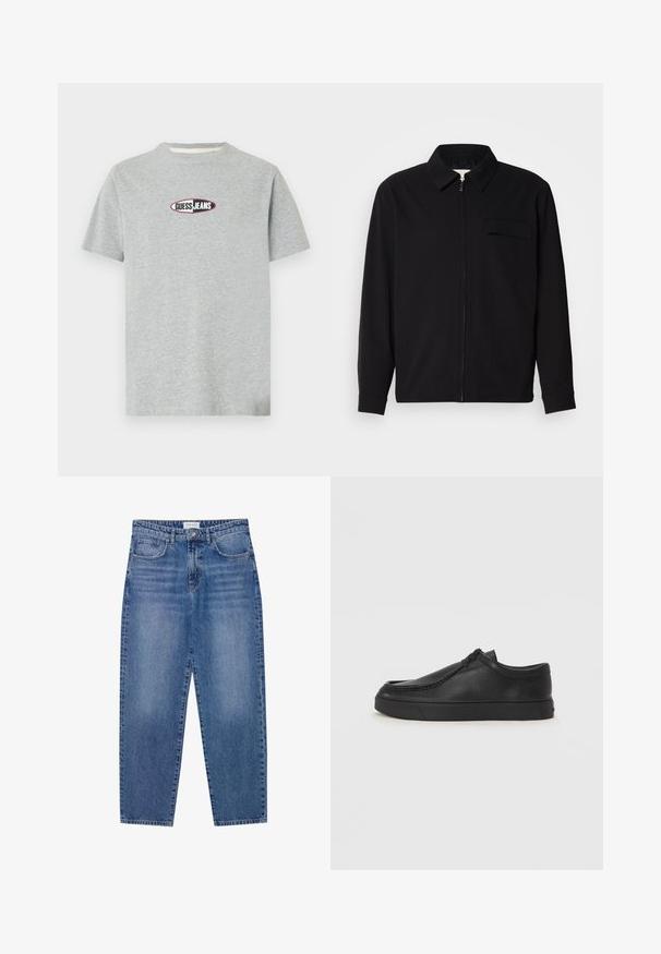 Camisa negra de manga larga que presenta un cuello con solapa, cierre frontal con cremallera y un bolsillo en el pecho. Fabricada con una tela texturizada y un corte holgado.; Camiseta gris de algodón con mangas cortas, cuello redondo y un distintivo logo "GUESS JEANS" en la parte delantera en negro y rojo sobre un fondo ovalado.; Vaqueros de mezclilla azul con un diseño de cintura alta y pierna recta, en acabado desgastado. Presenta cinco bolsillos y un cierre de botón.; Zapato de piel negro tipo slip-on con punta redonda, detalles de costura y suela de goma negra. Textura suave con un diseño minimalista.