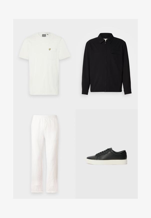Svart langermet skjorte med krage, frontlås og brystlomme. Laget av teksturert stoff med en avslappet passform.; Hvit bomull t-skjorte med venstre brystlomme og en liten gul sommerfuglogg. Korte ermer og klassisk rund hals.; Hvite linbukser med elastisk midje, rett ben-design og en lett strukturert tekstur. Uten mønstre eller ekstra detaljer.; Sorte lær sneakers med perforert tekstur, rund tå og flat hvit gummisåle. Har sorte snørebånd og en subtil logo på siden.