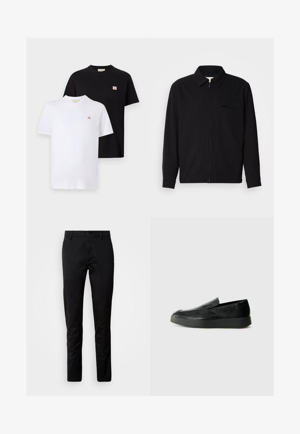 Čierna košeľa s dlhým rukávom, so golierom, predným zipsom a vreckom na hrudi. Vyrobená z textúrovanej tkaniny s voľným strihom.; Dve krátke rukávy tričká z čierneho a bieleho bavlneného materiálu, s malým logom na hrudi a klasickým okrúhlym výstrihom.; Čierne nohavice s úzkym strihom, vyrobené z hladkej látky. Majú pás so zapínaním na gombík a rovným strihom nohavíc.; Calvin Klein HYBRID CUP - Našuchovačky - triple black
