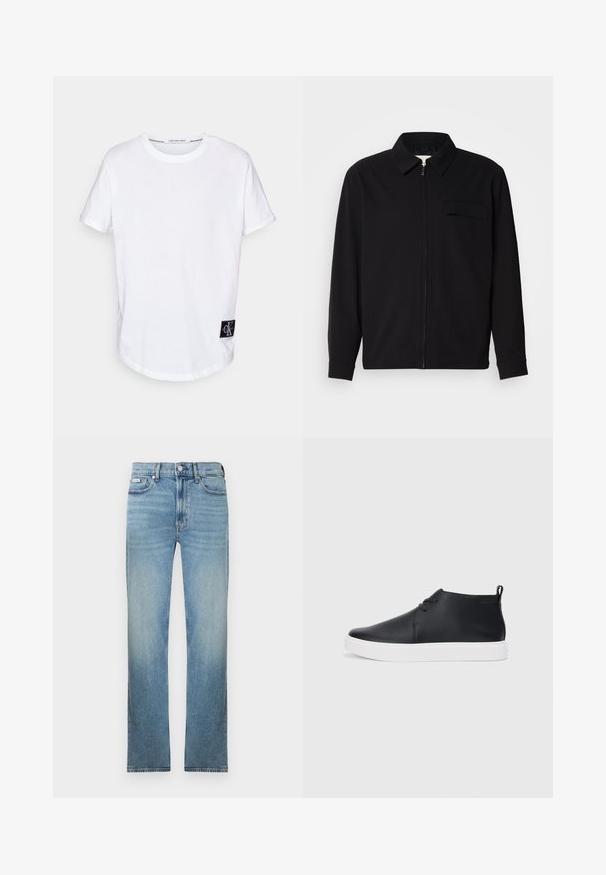 Black long-sleeve shirt featuring a collared neckline, front zip closure, and a chest pocket. Made of textured fabric with a relaxed fit.; White cotton T-shirt with rolled short sleeves, rounded hem, and a black logo tag featuring "CK" at the bottom left side.; Light blue denim jeans with a straight leg cut, five-pocket design, and a faded finish. Features a button fly and belt loops.; Black leather high-top sneakers with a smooth finish, white rubber sole, and simple lace-up design. Features a pull tab at the back.