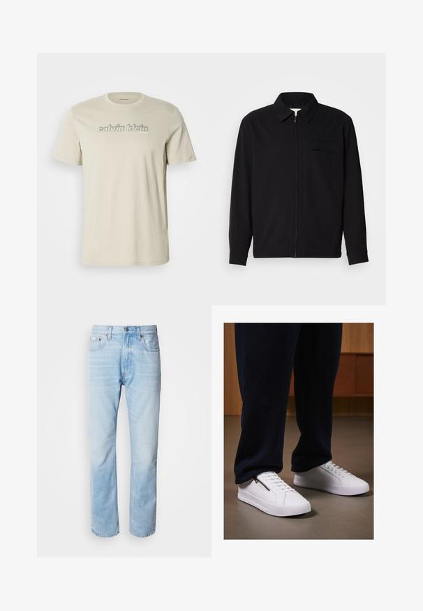 Černá dlouhá rukávová košile s límečkem, předním zipovým uzávěrem a kapsou na hrudi. Vyrobená z texturované tkaniny s uvolněným střihem.; Beige bavlněné tričko s kulatým výstřihem, na přední straně s výrazným šedým logem "calvin klein" ve decentním písmovém stylu.; Světle modré džíny s rovnou nohavicí, s vybledlými částmi, pěti kapsami a klasickým zapínáním na knoflík.; Bílé tenisky s hladkým koženým povrchem, plochou podrážkou a šněrovacím designem. Boční zipový detail dodává funkčnost. Vybaveny tmavými tepláky.