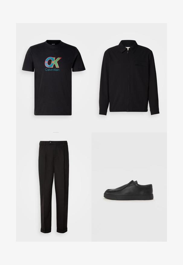 Juodas ilgomis rankovėmis marškinis, turintis apykaklės iškirptę, priekinį užtrauktuką ir krūtinės kišenę. Pagamintas iš tekstūruoto audinio, turinčio laisvą kirpimą.; Juodas medvilnės marškinėliai su daugiaspalviu "OK" logo ir "Calvin Klein" tekstu, apvalia iškirpte ir trumpomis rankovėmis.; Juodos kelnės su lygiu paviršiumi, tiesaus kirpimo, su dviem priekinių kišenių ir vieno mygtuko uždarymu juosmenyje.; Juodos odinės supjamintus batelius su apvaliu pirštu, siuvinėtu akcentu ir juodu guminiu padu. Lygus tekstūra su minimalistišku dizainu.
