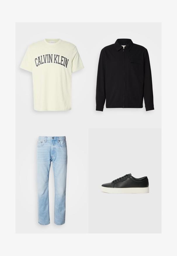 Černá dlouhá rukávová košile s límečkem, předním zipovým uzávěrem a kapsou na hrudi. Vyrobená z texturované tkaniny s uvolněným střihem.; Světle žluté bavlněné tričko s kulatým výstřihem. Na hrudi je výrazné, tmavě šedé logo "CALVIN KLEIN" v oblouku. Krátké rukávy.; Světle modré džíny s rovnou nohavicí, s vybledlými částmi, pěti kapsami a klasickým zapínáním na knoflík.; Černé kožené tenisky s perforovanou texturou, kulatou špičkou a plochou bílou gumovou podrážkou. Mají černé tkaničky a jemné logo na boční straně.