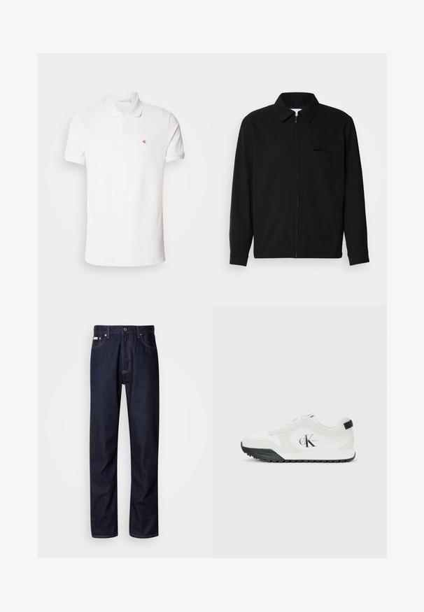 Černá dlouhá rukávová košile s límečkem, předním zipovým uzávěrem a kapsou na hrudi. Vyrobená z texturované tkaniny s uvolněným střihem.; Bílá polokošile vyrobená z bavlny, s tříknoflíkovou légou a krátkými rukávy. Obsahuje malé červené logo na levé části hrudi.; Tmavomodré džínové kalhoty se střihováním rovného nohavice, s knoflíkovým zapínáním, pěti kapsami a kontrastním prošíváním.; Bílé tenisky Calvin Klein s černou podešví, semišovými a síťovinovými panely, logo CK na boku a branding Calvin Klein na patě a podešvi.