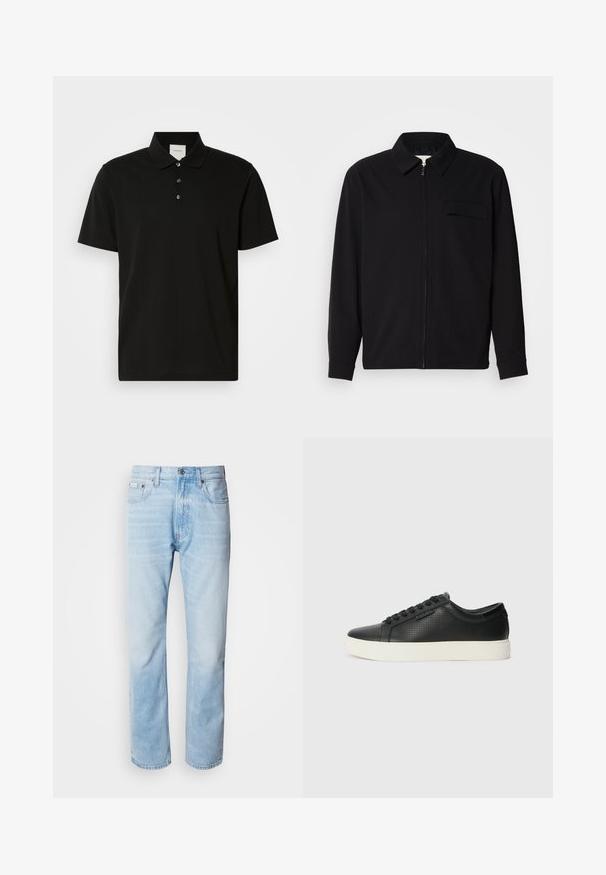Černá dlouhá rukávová košile s límečkem, předním zipovým uzávěrem a kapsou na hrudi. Vyrobená z texturované tkaniny s uvolněným střihem.; Černé polo tričko s krátkým rukávem z hladké tkaniny, s klasickým límečkem, zapínáním na tři knoflíky a decentním vertikálním vzorem.; Světle modré džíny s rovnou nohavicí, s vybledlými částmi, pěti kapsami a klasickým zapínáním na knoflík.; Černé kožené tenisky s perforovanou texturou, kulatou špičkou a plochou bílou gumovou podrážkou. Mají černé tkaničky a jemné logo na boční straně.
