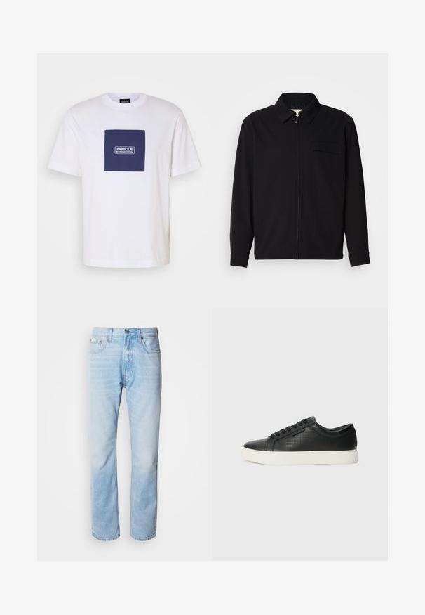Černá dlouhá rukávová košile s límečkem, předním zipovým uzávěrem a kapsou na hrudi. Vyrobená z texturované tkaniny s uvolněným střihem.; Bílý bavlněný tričko se navy modrým čtvercem a logem "BARBOUR INTERNATIONAL". Krátké rukávy a design s kulatým výstřihem.; Světle modré džíny s rovnou nohavicí, s vybledlými částmi, pěti kapsami a klasickým zapínáním na knoflík.; Černé kožené tenisky s perforovanou texturou, kulatou špičkou a plochou bílou gumovou podrážkou. Mají černé tkaničky a jemné logo na boční straně.