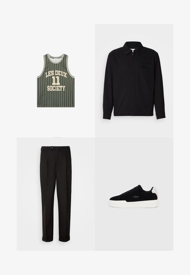 Crna majica dugih rukava s ovratnikom, prednjim zatvaračem i džepom na prsima. Izrađena od teksturiranog materijala s opuštenim krojem.; Lagani zeleni košarkaški majica bez rukava s bijelim vertikalnim prugama, s natpisom "LES DEUX 11 SOCIETY" ispisanim sprijeda velikim slovima.; Crne hlače glatke teksture, ravnog kroja, s dva prednja džepa i zatvaranjem na jedan gumb u struku.; Crni niskoprični tenisice s bijelim potplatom i petom, sa vezanjem sprijeda i Calvin Klein logotipom sa strane.