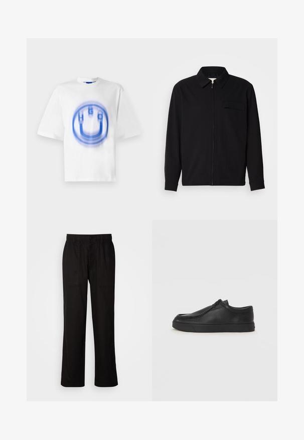 Cămașă neagră cu mânecă lungă, având guler, închidere cu fermoar pe față și buzunar pe piept. Fabricată dintr-un material texturat cu o croială lejeră.; Tricou alb din bumbac, cu un design grafic albastru care prezintă literele "HUGO" și o formă circulară, având un efect ușor neclar.; Pantaloni negri cu o croială lejeră, realizați dintr-un material ușor. Dispun de un tiv elastico, închidere cu nasture și două buzunare frontale.; Pantofii din piele neagră, fără șireturi, cu vârful rotund, detalii cusute și talpă din cauciuc negru. Textură netedă cu un design minimalist.