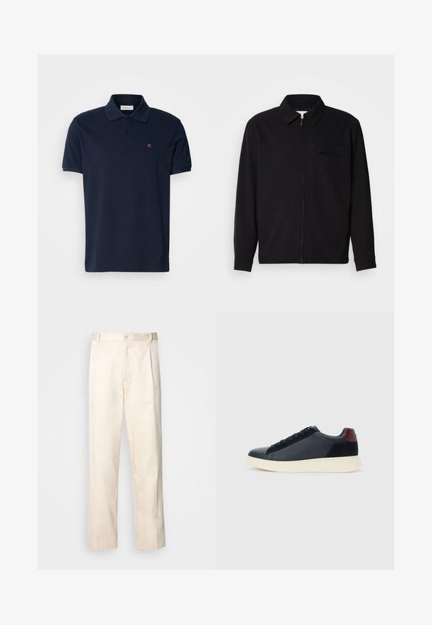 Svart langermet skjorte med krage, frontlås og brystlomme. Laget av teksturert stoff med en avslappet passform.; Mørkeblå polo skjorte laget av bomull, med klassisk krage, korte ermer og en liten rosa logo på venstre bryst. Glatt tekstur.; Beige bomullsbukser med rett benfatt, med knappelukking og folder foran for ekstra detaljer.; Lave herresko i sort læder og ruskind med maroon hælflap og hvid gummisål, set fra ydersiden.