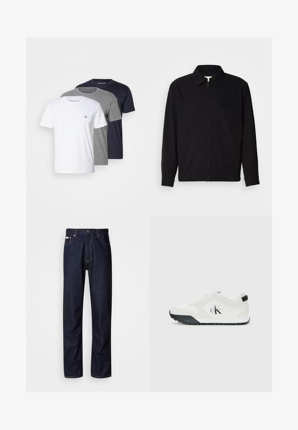 Melna garām piedurknēm krekls ar apkakles izgriezumu, priekšējo rāvējslēdzēju un krūšu kabatu. Izgatavots no teksturēta auduma ar brīvu piegriezumu.; Trīs īsām piedurknēm T-krekli baltā, pelēkā un tumši zilos toņos; izgatavoti no kokvilnas, ar apaļu kakla izgriezumu un Calvin Klein logotipu uz krūtīm.; Tumši zilie džinsi ar taisnas kājas piegriezumu, ar pogu aizdari, pieciem kabatām un kontrastējošām aizšuvēm.; Calvin Klein balti čības ar melnu zoli, zamša un acu paneļiem, CK logo uz sāniem, kā arī Calvin Klein zīmols uz papēža un zoles.
