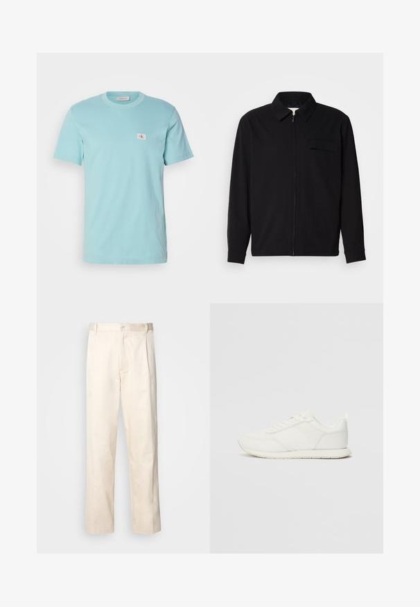 Černá dlouhá rukávová košile s límečkem, předním zipovým uzávěrem a kapsou na hrudi. Vyrobená z texturované tkaniny s uvolněným střihem.; Světle modré bavlněné tričko s kulatým výstřihem, krátkými rukávy a malou bílou nášivkou s logem na levé straně hrudníku.; Bežové bavlněné kalhoty se střihy rovného nohavice, s knoflíkovým zapínáním a záhyby vpředu pro zvýraznění detailu.; Bílé tenisky s vrchní částí z síťoviny a syntetického materiálu, kulatou špičkou, plochými tkaničkami a texturovaným bočním pruhem. Gumová podrážka s poutkem vzadu.