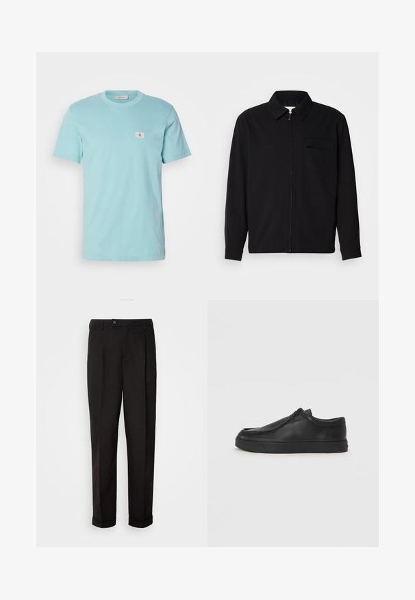 Black long-sleeve shirt featuring a collared neckline, front zip closure, and a chest pocket. Made of textured fabric with a relaxed fit.; Light blue cotton t-shirt with a crew neckline, short sleeves, and a small white tag featuring a logo on the left chest.; Black trousers with a smooth texture, featuring a straight cut, two front pockets, and a single button closure at the waist.; Black leather slip-on shoe with a rounded toe, stitched detailing, and black rubber sole. Smooth texture with minimalistic design.