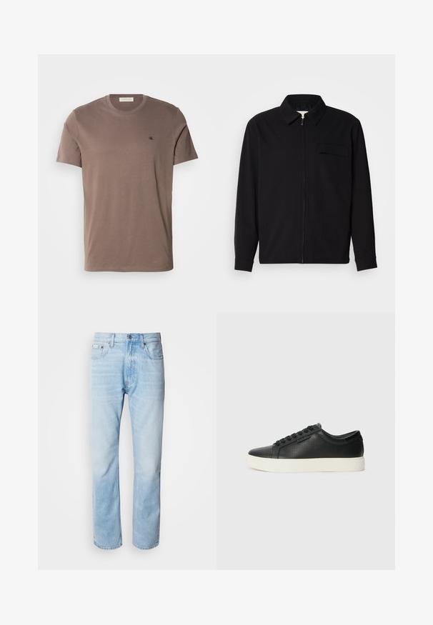 Svart långärmad skjorta med krage, framfickslås och bröstficka. Tillverkad av strukturerad tyg med avslappnad passform.; Brun bomull T-shirt med rund halsringning, korta ärmar och en liten svart logotyp på vänster bröst. Slät textur och enhetlig färg.; Ljusblå denimjeans med rak benprofil, som har blekta sektioner, femficksdesign och en klassisk knäppning.; Svarta lädersneakers med perforerad textur, rund tå och platt vit gummisula. Har svarta snören och en diskret logotyp på sidan.