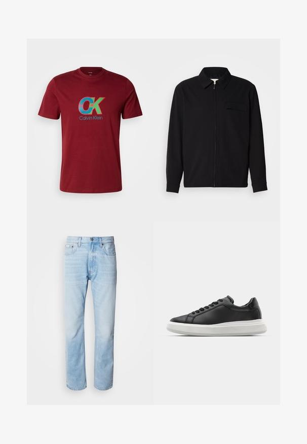 Must valgade varrukatega must särk, millel on krae, ees tõmbluku sulgemine ja rinna tasku. Valmistatud tekstuurilisest kangast ning mugav lõige.; Burgundi puuvillane t-särk, millel on sinine ja roheline "CK" graafiklogo ümmarguste aktsentidega, lühikesed varrukad ja ümar kaelus.; Heledad sinine denimhääl, sirge sääre lõikega, millel on pleekinud osad, viie tasku disain ja klassikaline nööbivärk.; Must musta tossud, millel on sile viimistlus, valgest kummist tallad, ümar kuju, kuus nööriauku ja diskreetne bränding kandadel.
